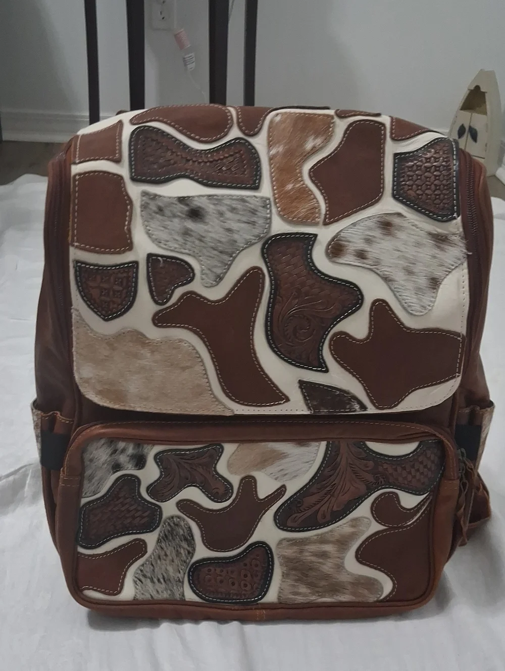 Western Linens Brown and Cream Patchwork Leather Backpack, Multiple Compartnents